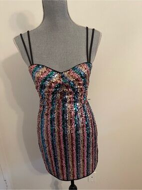 Lovers + Friends Multicolor Sequin Striped Mini Dress with Double Spaghetti Stra